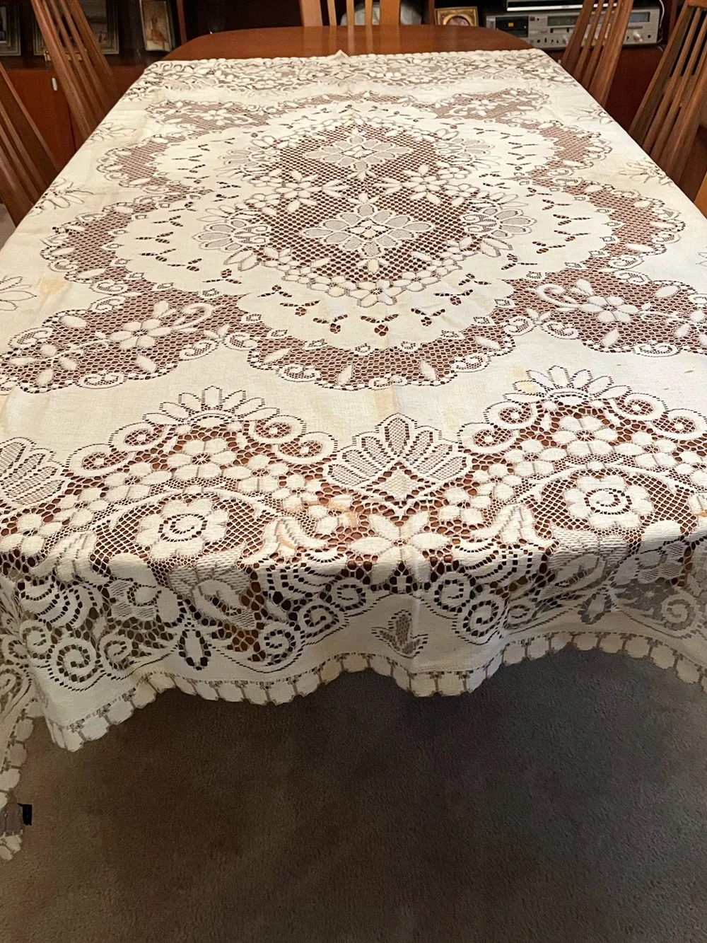 Vintage 1960 Cream Floral Lace Tablecloth Made in France 68” x 88”